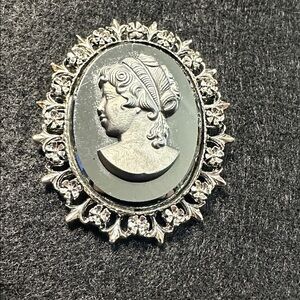 70- Vintage Black Glass Cameo Brooch with Silver Accents
